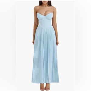 House of CB Blue Pleated Sweetheart Maxi Dress